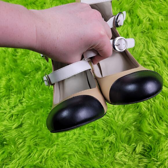 Mojo Moxy Colorblock Beige White Black Leather Strappy Heels, 7 - Picture 7 of 7